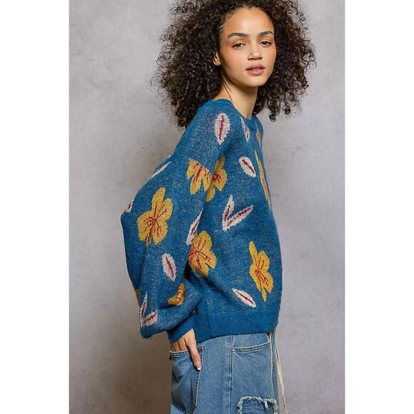 POL Floral Pattern Round Neck Balloon Sleeve Sweater Womens Size S-M-L-XL - Picture 3 of 5